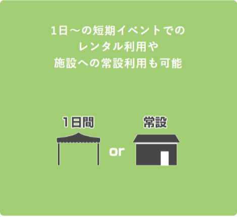 1日〜の短期イベントでのレンタル利用や施設への常設利用も可能